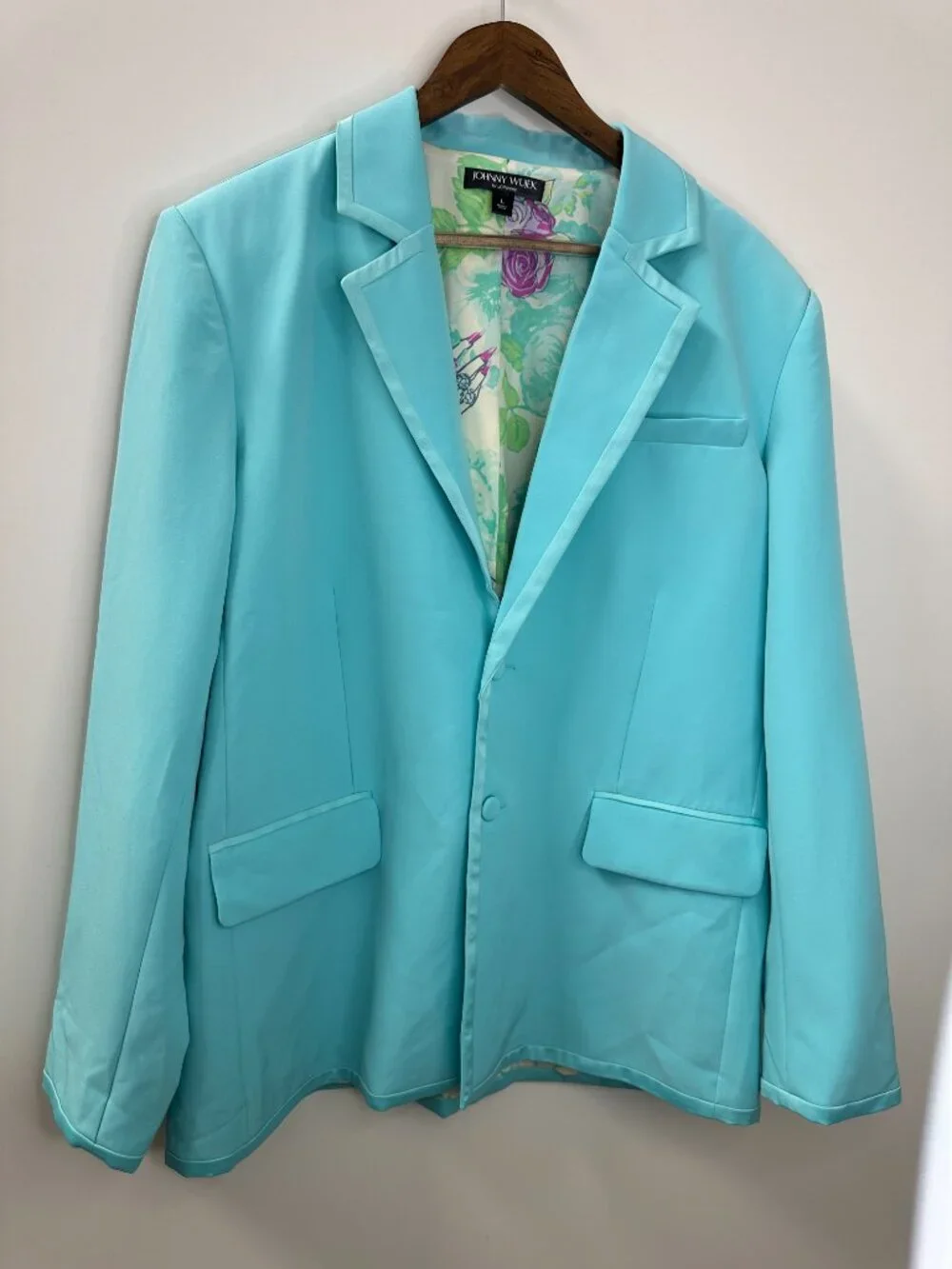 Johnny Wujek Suit Blazer Satin Trim Floral Lined Jacket Oversized Wedding Party - Picture 2 of 13